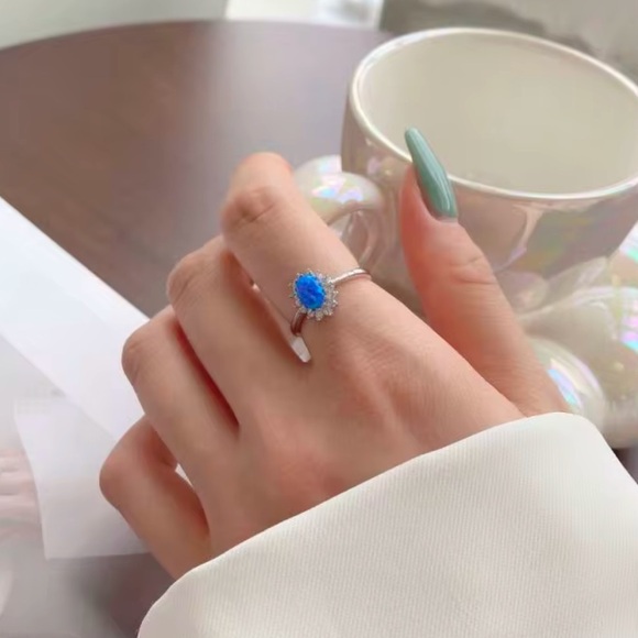 S925 Sterling Silver Clear Sunflower Sea Blue Opal Cubic Zirconia Ring - Picture 7 of 7